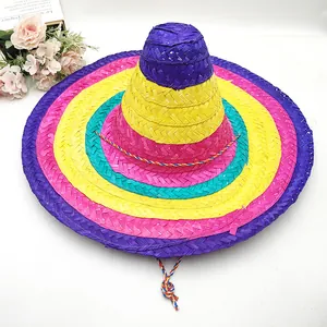 Close-up of a colorful Mexican woven straw hat featuring vibrant concentric ring patterns