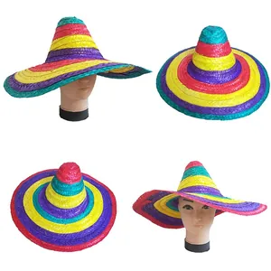 Vues multiples d'un sombrero mexicain en paille à rayures colorées pour fête d'Halloween