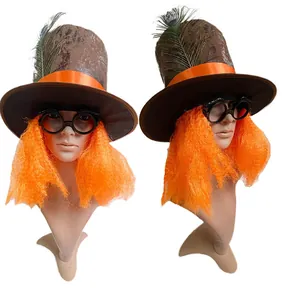 Close-up showing the Halloween hat set including orange wig and black glasses.