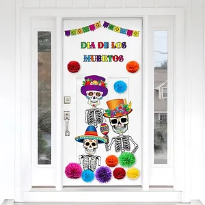 Vibrant Day of the Dead door decoration kit featuring skeletons and colorful paper pom-poms