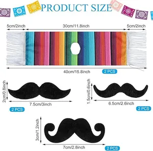 Detailed dimensions for mini Mexican striped poncho and fake mustache bottle decorations