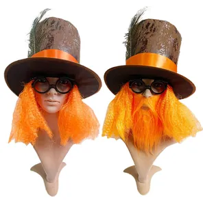 Mad Hatter style costume hat set with orange wig and glasses for Halloween