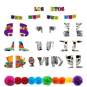 Day of the Dead party set with 28 door stickers and 10 colorful tissue paper flowers.