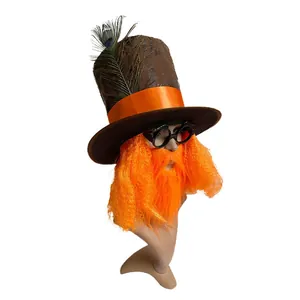 Whimsical Halloween party hat set with brown top hat, peacock feather, and vibrant orange beard