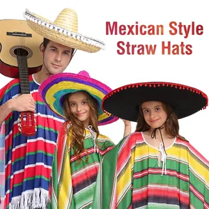 Mexikanischer Strohhut Sombrero für Erwachsene und Kinder mit bunt gestreiftem Poncho