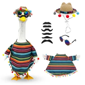 Mexican themed porch goose outfit set with colorful striped poncho, straw hat and sunglasses