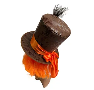 Detailed view of Mad Hatter top hat with distressed texture and attached orange wig.