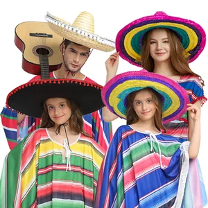 Buntes mexikanisches Sombrero-Hut und Poncho Kostümset für Familienfeiern und Feste