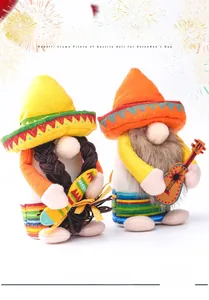 Pair of Mexican carnival plush gnomes featuring colorful sombreros and a guitar detail