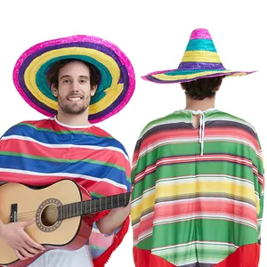 Farbenfrohes mexikanisches Strohhut-Sombrero- und Poncho-Kostümset für Karnevalsfeiern