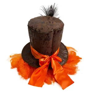 Detailed view of brown Mad Hatter top hat with orange ribbon bow and feather accent