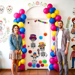 Vibrant Day of the Dead party decoration set with balloons and skeleton stickers