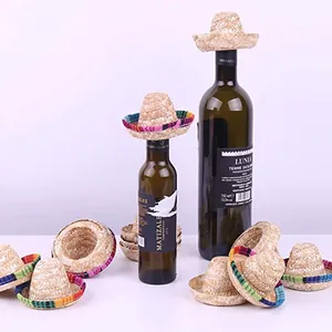 Miniature Mexican straw hats set for wine bottle decor and pet costume accessories