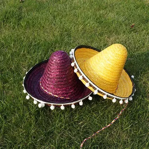 Vibrant purple and yellow Mexican straw sombreros with white pom-poms for party events