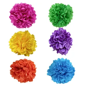 Six vibrant multi-colored tissue paper flower balls for festive party decorations.