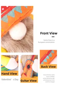 Close-up detail views of Hawaiian style plush gnome with Mexican straw hat and guitar