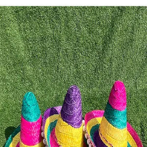 Detailed view of vibrant colorful Mexican straw hats with white pom poms on grass