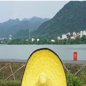 Close-up view of a traditional yellow Mexican fiesta straw hat for holiday party costumes