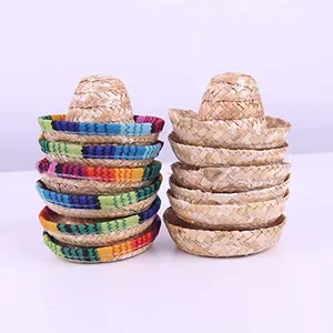 Mini Mexican straw hats for pets and wine bottle decorations in two different styles.