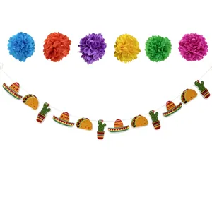 Vibrant Mexican party decor set with colorful paper pom poms and taco sombrero banners