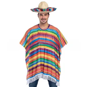 Adult Mexican party costume set with colorful striped poncho and straw sombrero hat