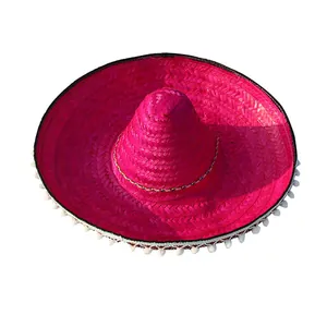 Vibrant pink Mexican straw sombrero hat with white pom-pom trim and colorful edge.