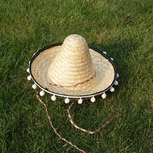 Traditional Mexican straw hat with white pom-poms and colorful chin strap shown on grass