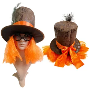 Halloween Mad Hatter costume set featuring brown top hat orange wig and black glasses