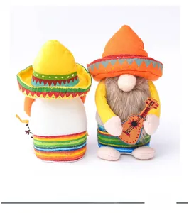 Detailed view of front and back Mexican festival gnomes with sombreros and guitar