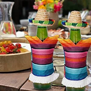Mini Mexican straw hat and striped poncho set for festive wine bottle decoration