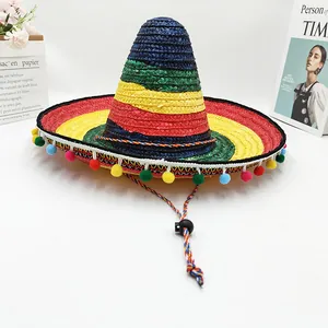 Colorful Mexican straw sombrero with pom-pom trim and adjustable chin strap