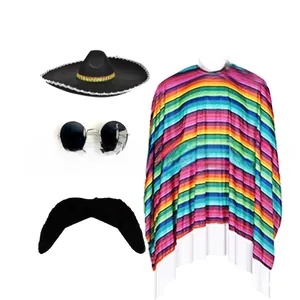 Complete Mexican party costume set featuring a black sombrero, mustache, and striped poncho.