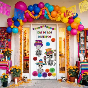 Festive Day of the Dead door decoration set with skeletons and colorful marigolds