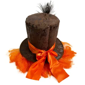 Vintage brown steampunk mini top hat with orange ribbon and black feather for Halloween