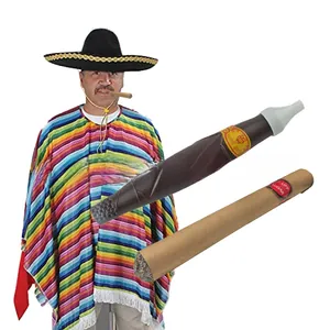 Detailed view of Mexican party set including colorful poncho, sombrero, and cigar props.