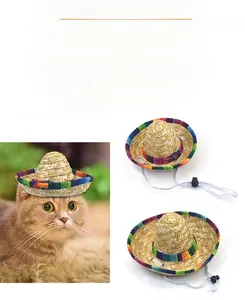 Pet Mexican sombrero straw hat with colorful brim and an adjustable chin strap