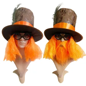 Halloween Mad Hatter costume set with brown top hat, orange wig, and black glasses.