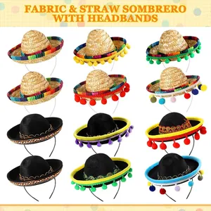 Set of 12 festive Mexican mini sombrero headbands with colorful pom poms and embroidery