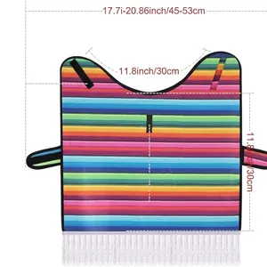 Mexican rainbow stripe pet poncho with tassel fringe and size dimensions.