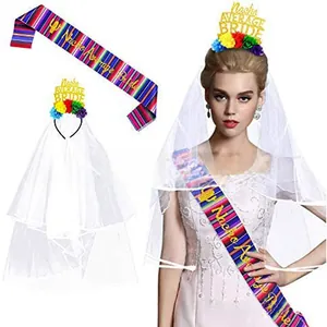 Mexican style rainbow striped bride sash and floral veil headband party accessory set