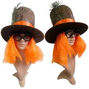 Mad Hatter costume set with tall brown hat, orange wig, and round glasses for party