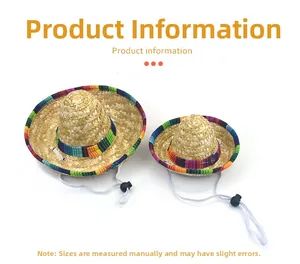 Detail view of mini Mexican straw hats for pets with adjustable chin strap and colorful brim