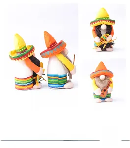 Detailed view of Mexican carnival fiesta gnome plush dolls with colorful sombreros