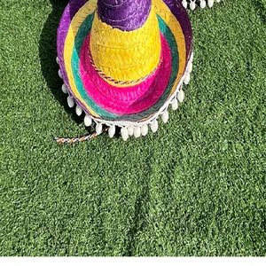 Vibrant colorful Mexican straw sombrero with decorative white pom-poms on green turf