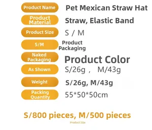 Detailed specifications for pet Mexican straw hats in sizes S and M with weight details.