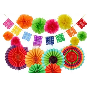Vibrant multi-color Mexican carnival party decoration set with paper fans and banners