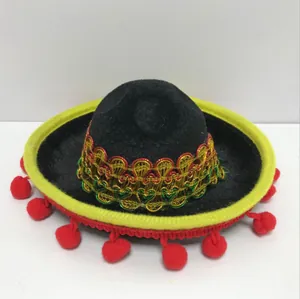 Mini sombrero messicano in feltro nero con tesa gialla e pompon rossi per feste