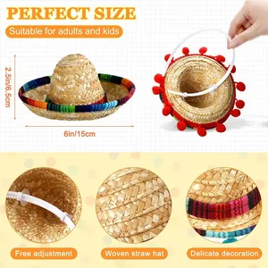 Comprehensive detail view of mini Mexican straw hat with adjustable headband measurements