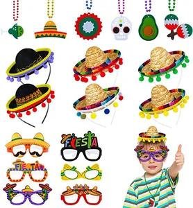 Set di accessori per festa messicana Fiesta con mini sombrero, occhiali buffi e collane.