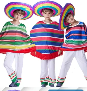 Children's colorful Mexican poncho costume with sombrero hat for Halloween party.